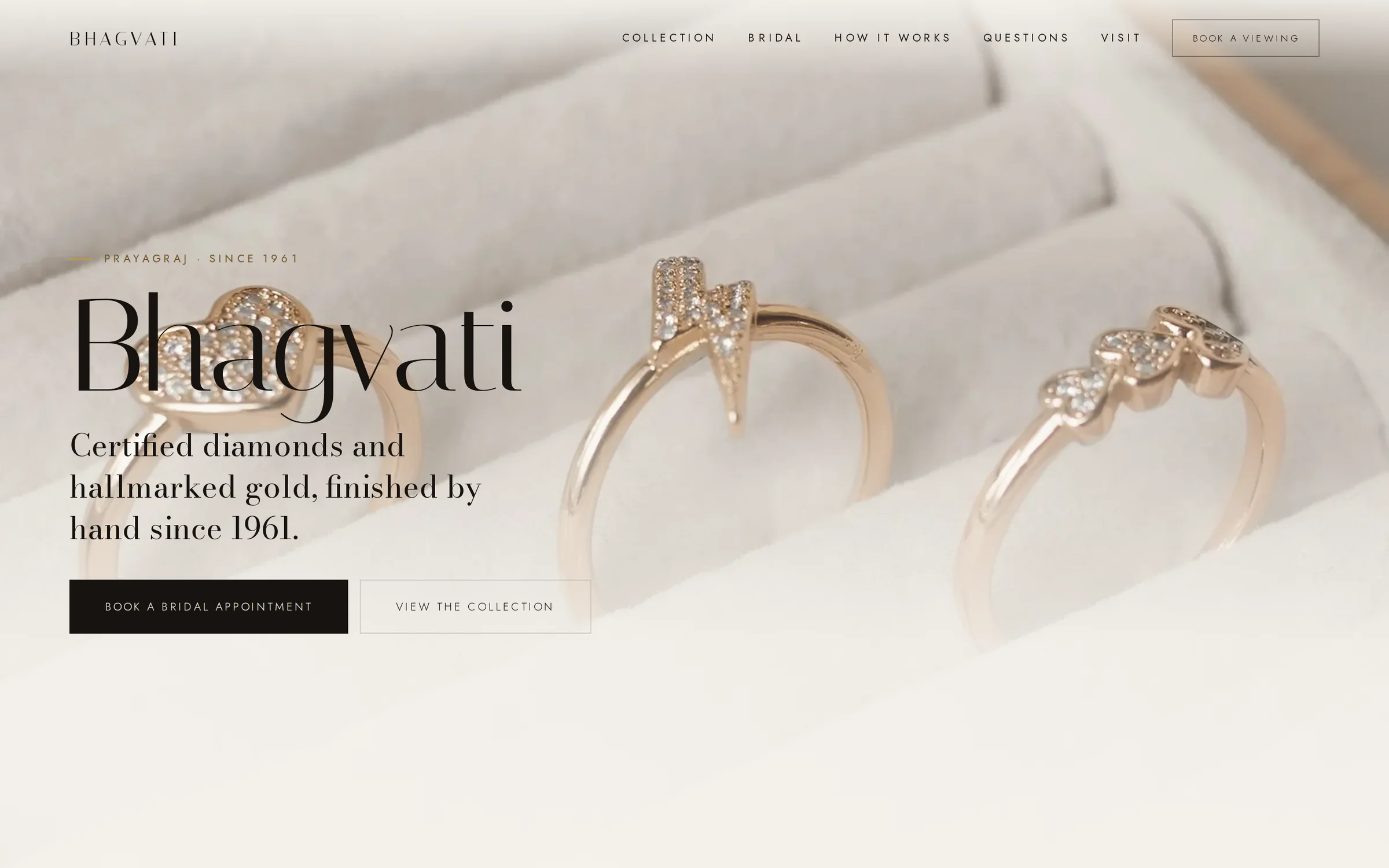 Bhagvati Jewellers: rose-gold rings on linen beside the line “Certified diamonds and hallmarked gold.”
