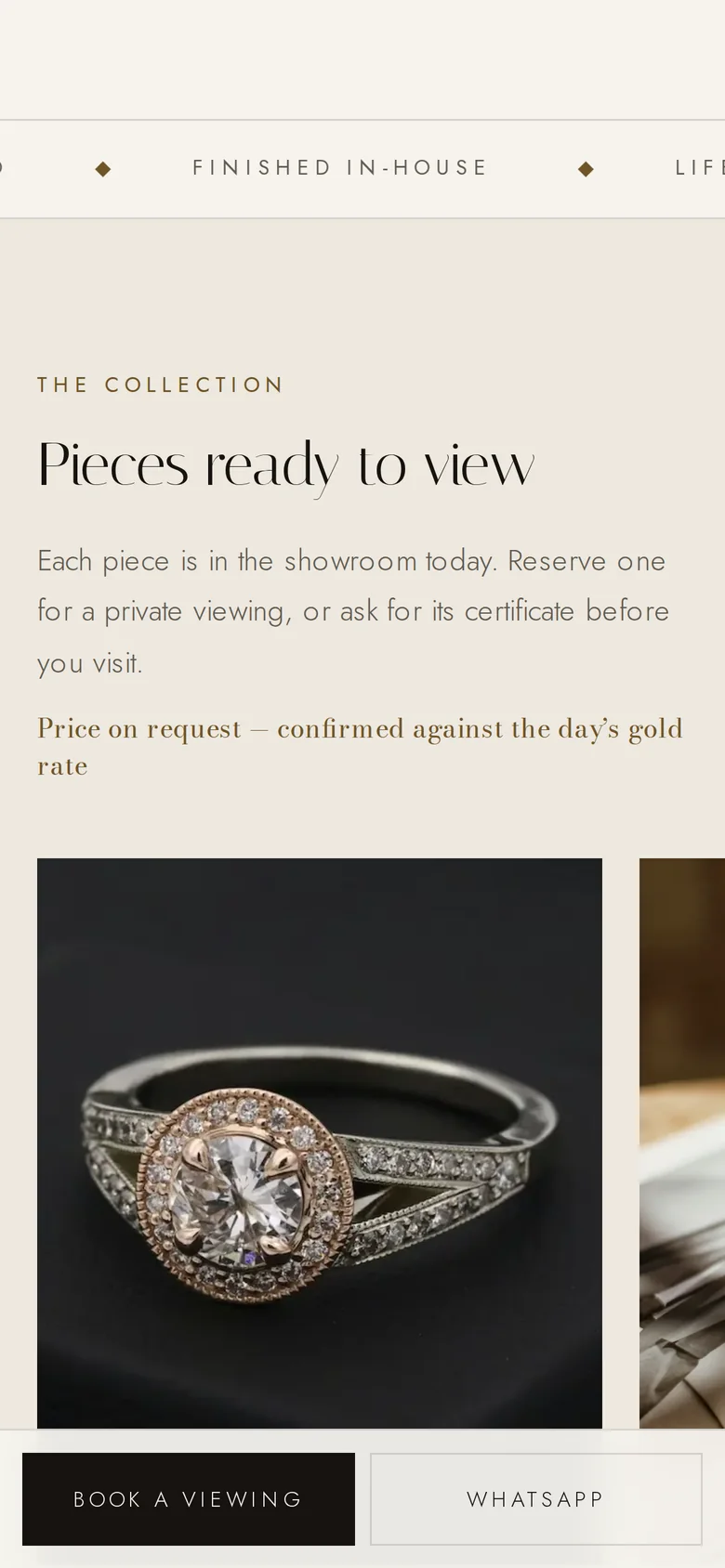 Bhagvati Jewellers on a phone: “Pieces ready to view”, with viewing and WhatsApp buttons.