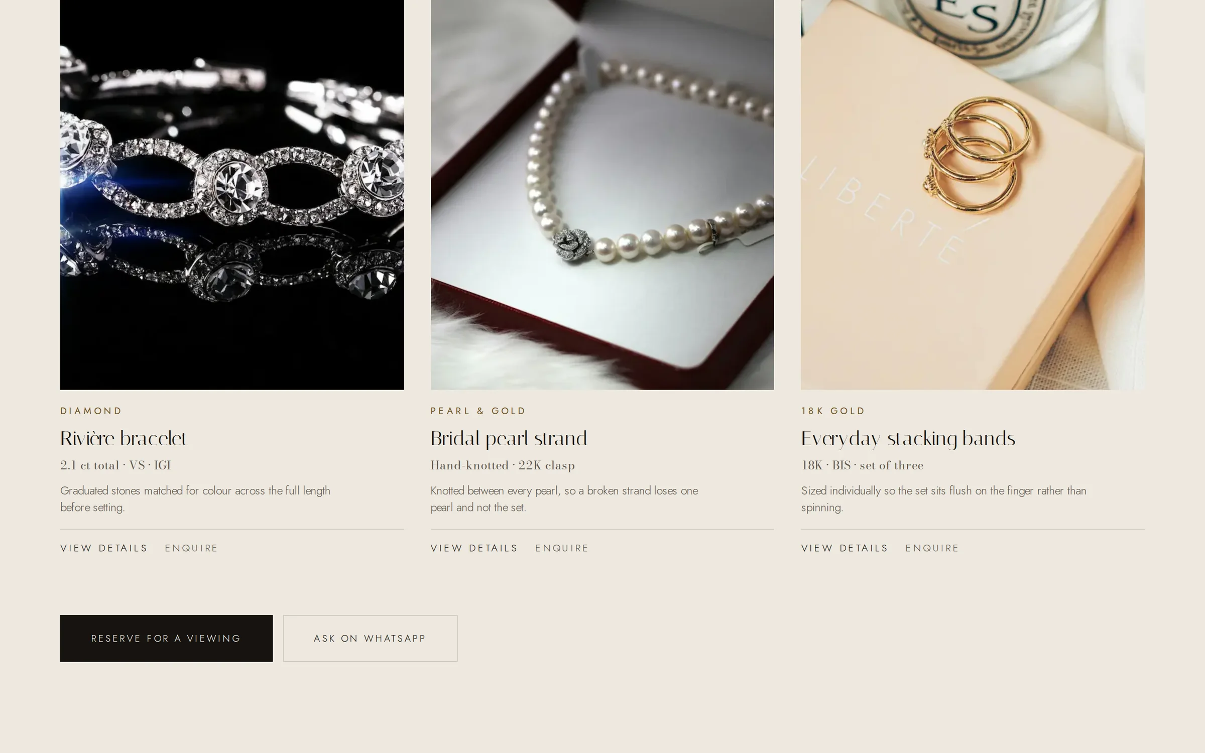 Bhagvati Jewellers: three pieces, each with its stones, metal and certification, and the ways to enquire.