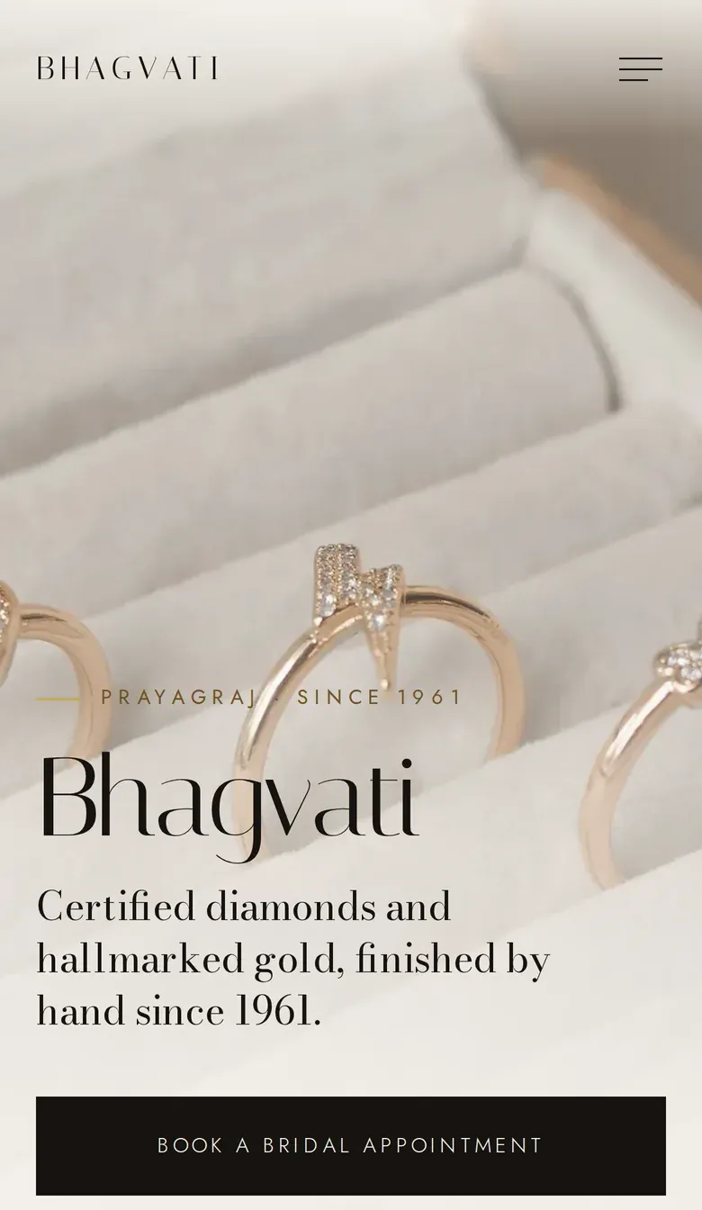 Bhagvati Jewellers: rose-gold rings on linen beside the line “Certified diamonds and hallmarked gold.”