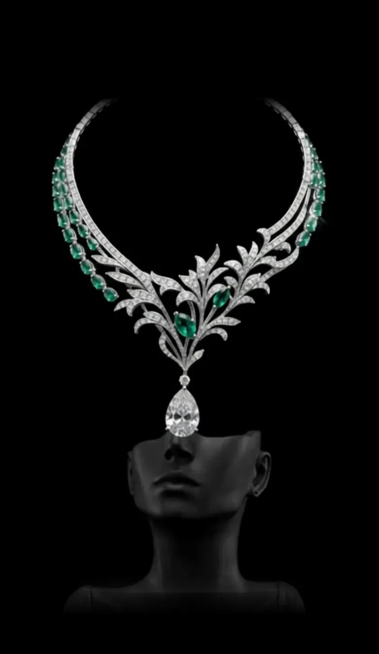 The interactive jewellery experience: an emerald necklace turning above a black bust.
