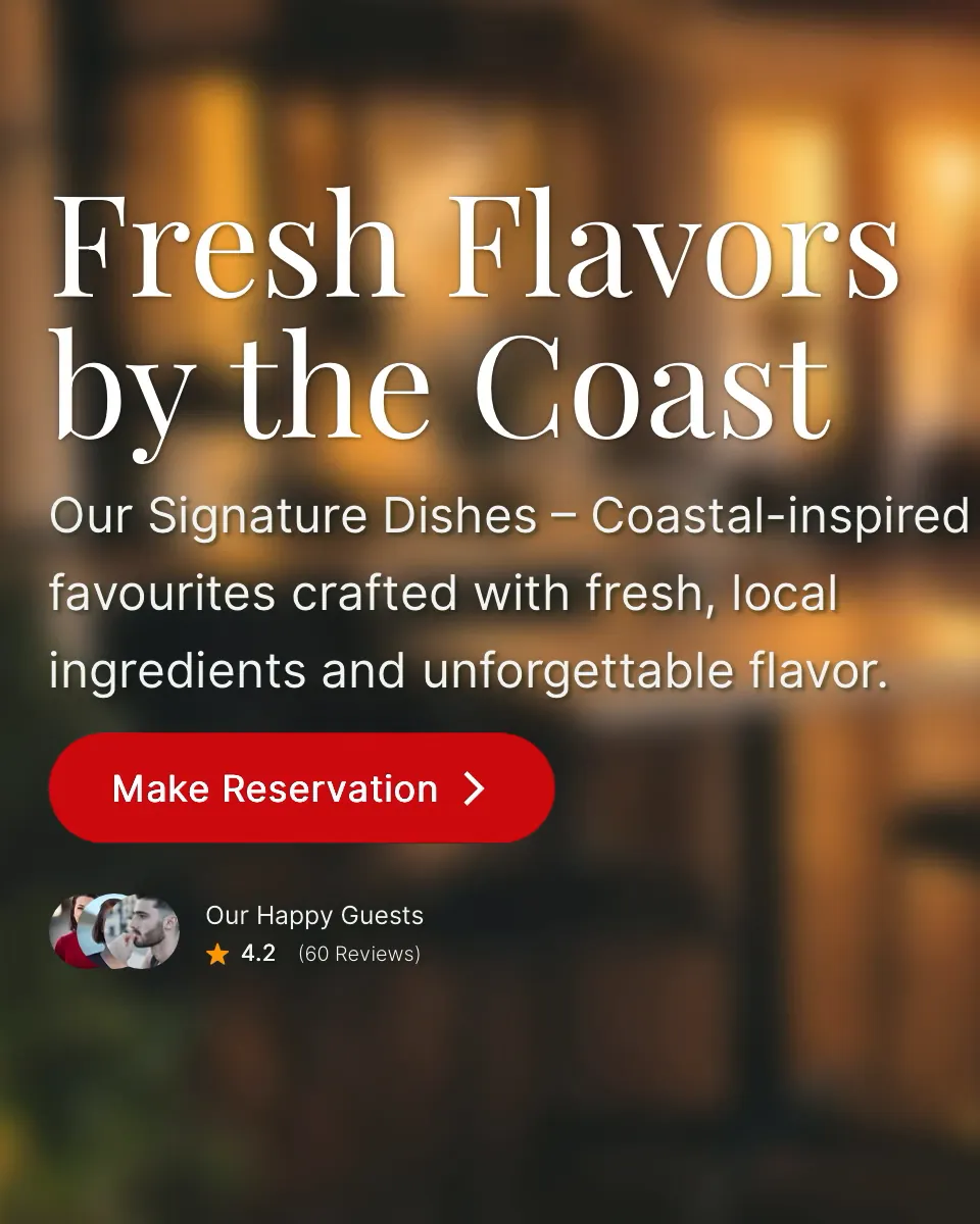 Tastees: the live site’s opening screen, “Fresh Flavors by the Coast”, over a lamp-lit dining room, with its reservation button.