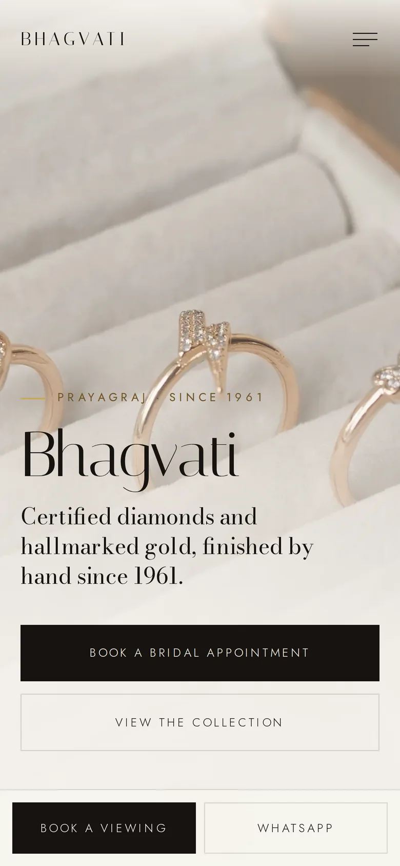 Bhagvati Jewellers on a phone: “Certified diamonds and hallmarked gold, finished by hand since 1961.”