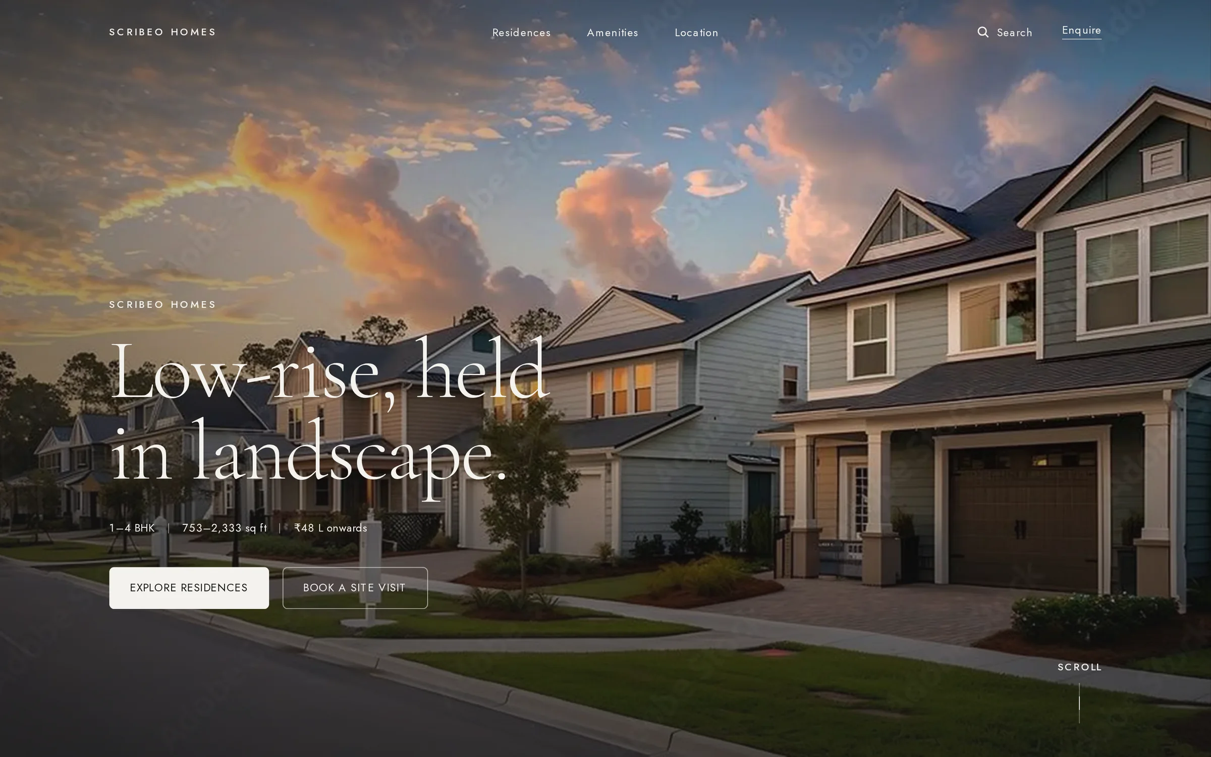 Scribeo Homes: a low-rise residence at dusk under the line “Low-rise, held in landscape.”