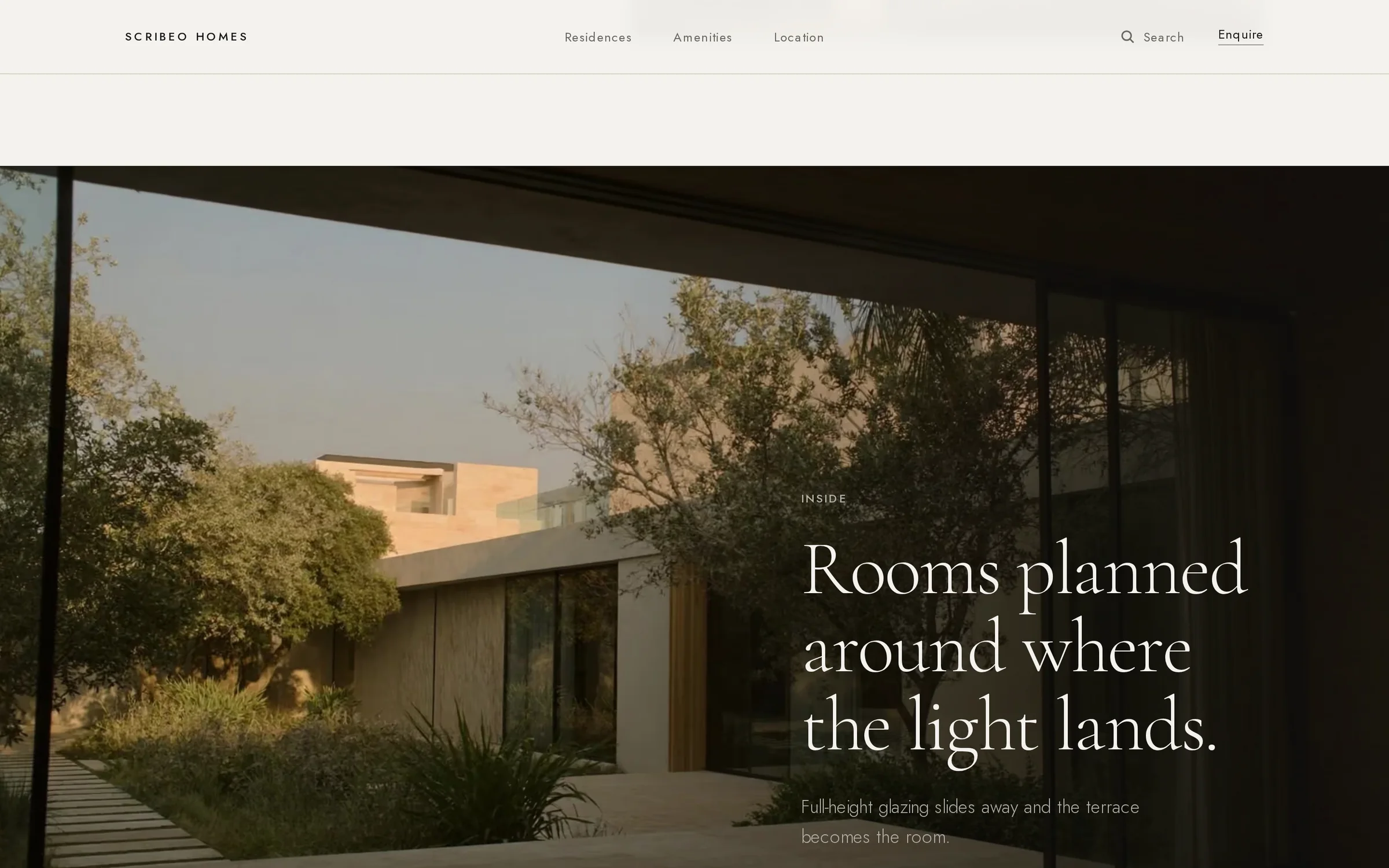 Scribeo Homes: “Rooms planned around where the light lands.” over a garden-facing living room.