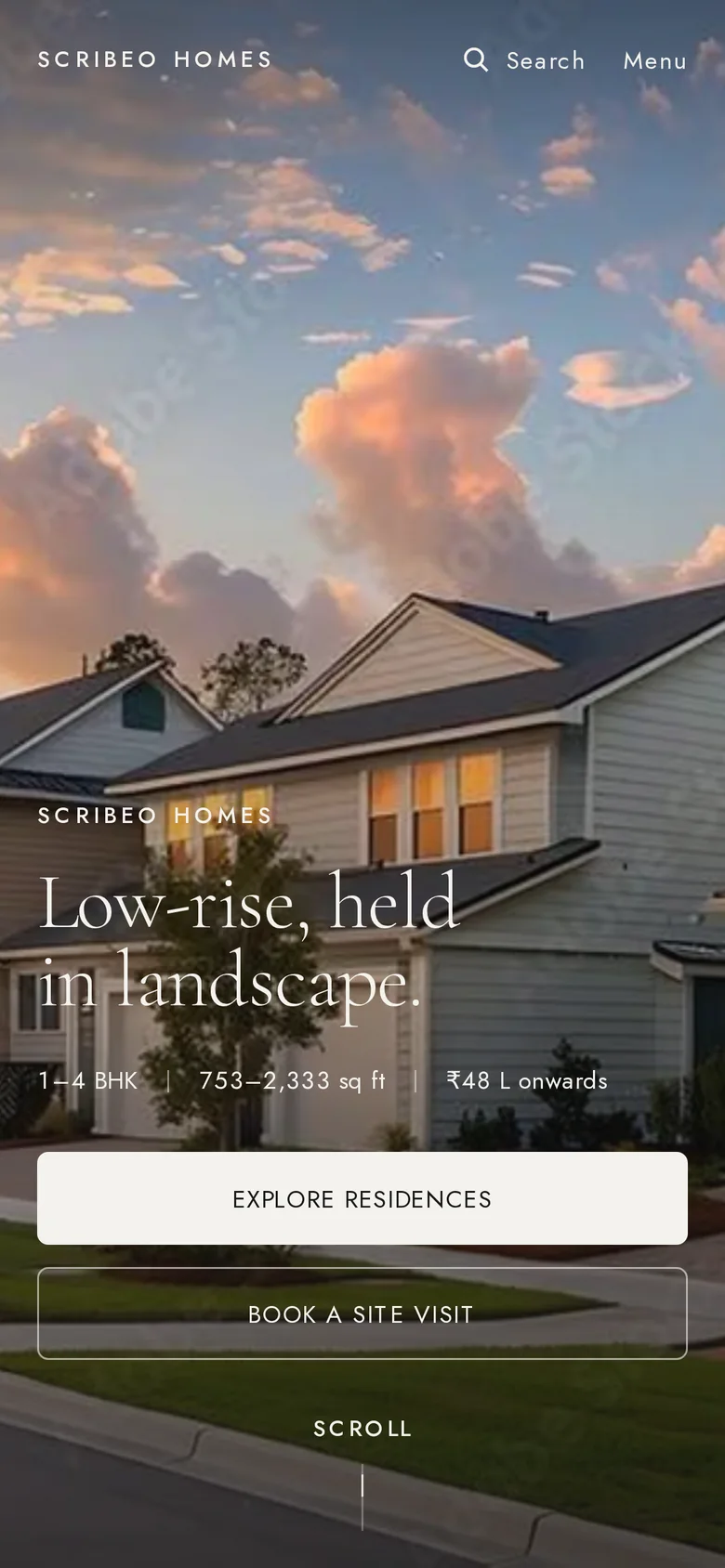 Scribeo Homes on a phone: “Low-rise, held in landscape.” with the residences’ sizes and prices.