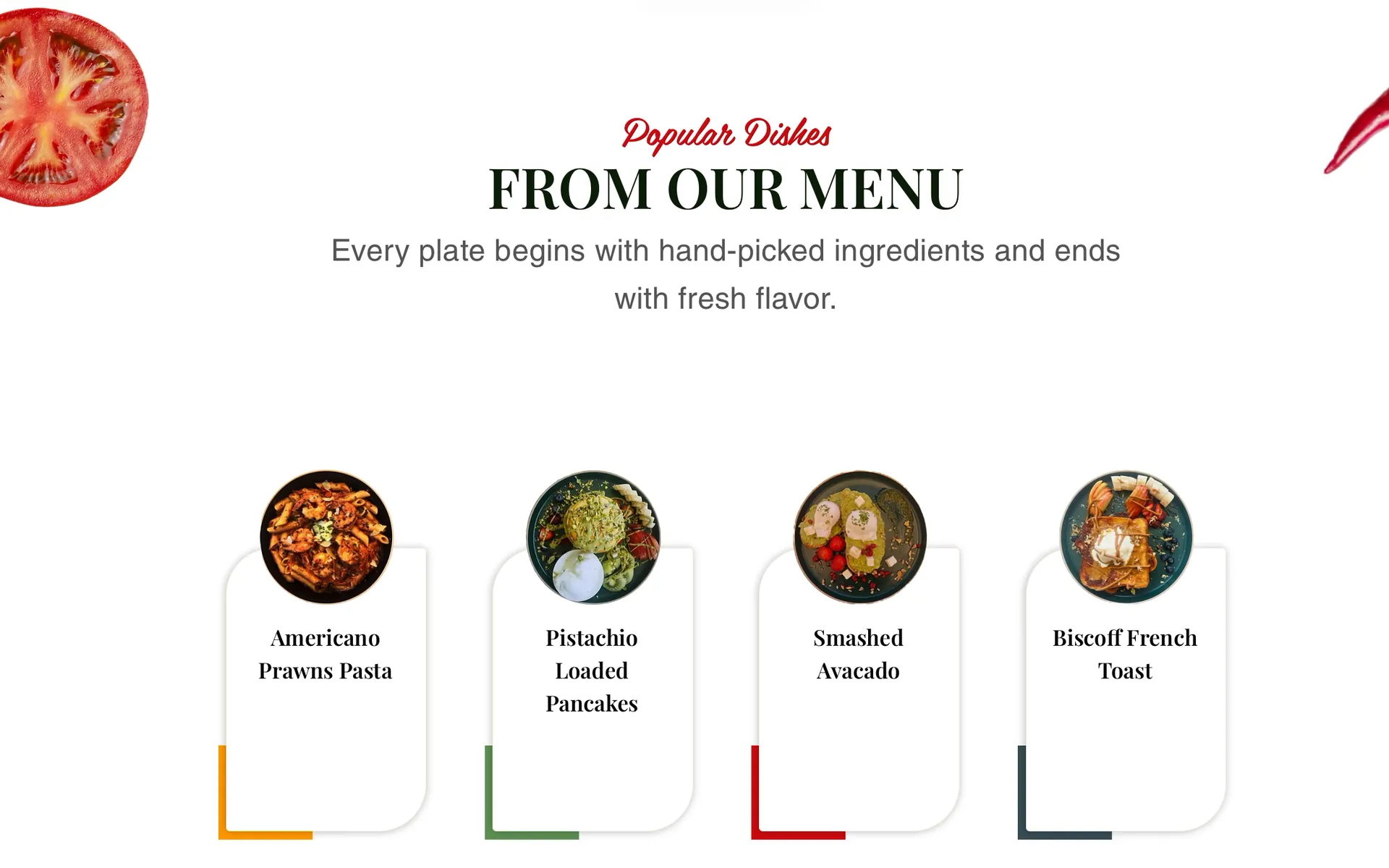 Tastees: “From our menu”, four signature dishes arriving on their cards.