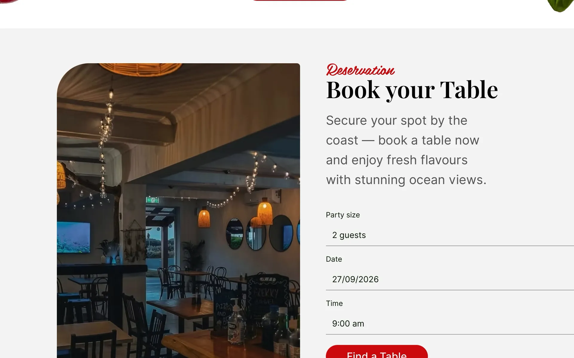 Tastees: “Book your table”, the reservation form beside the lamp-lit dining room.